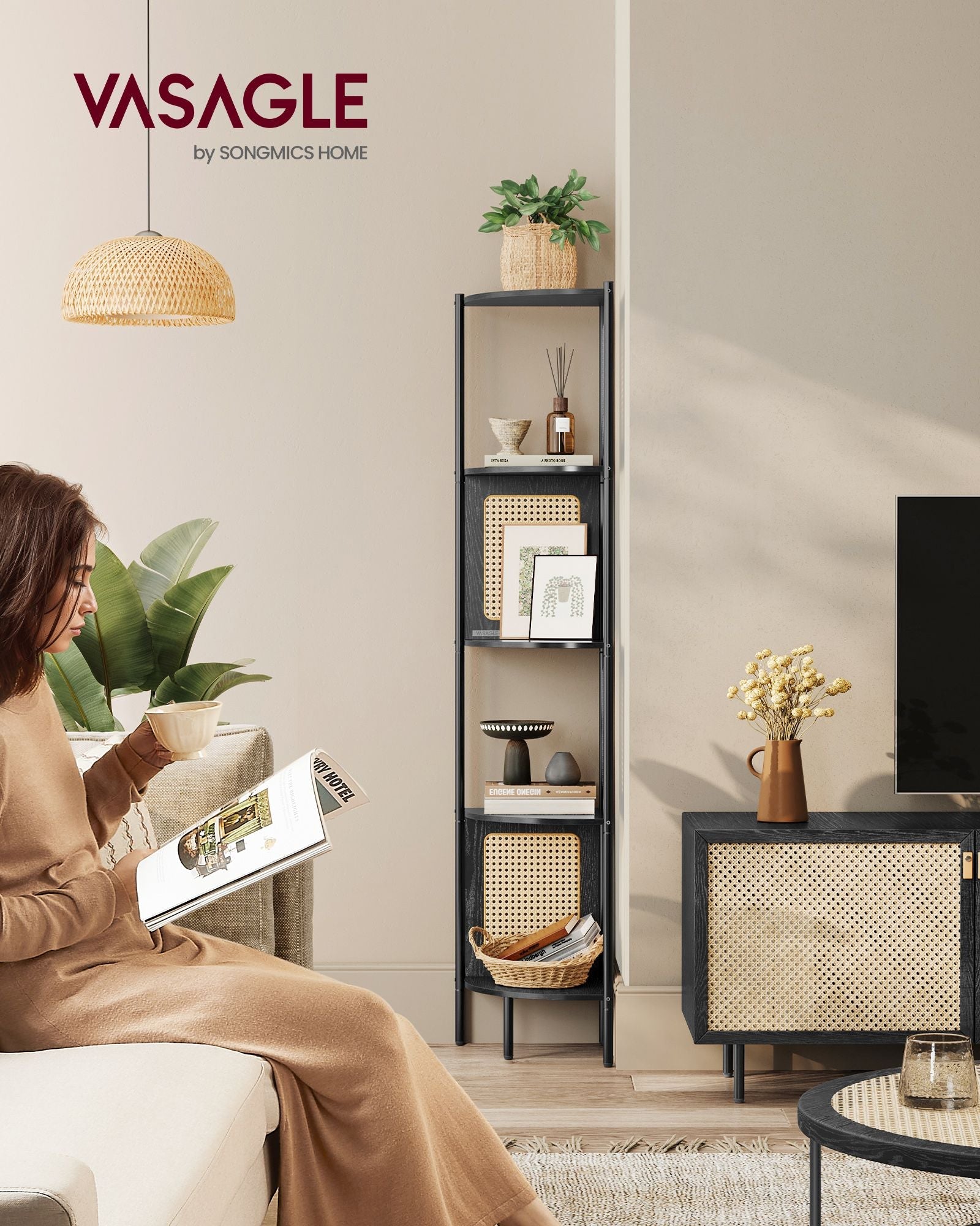 5-Tier Corner Shelf – Metal – Ebony Black – Rattan Effect Sides