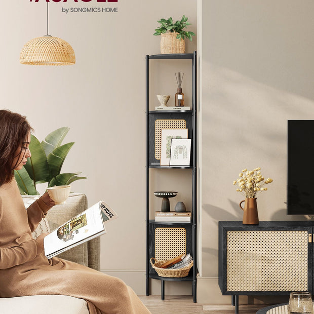 5-Tier Corner Shelf – Metal – Ebony Black – Rattan Effect Sides