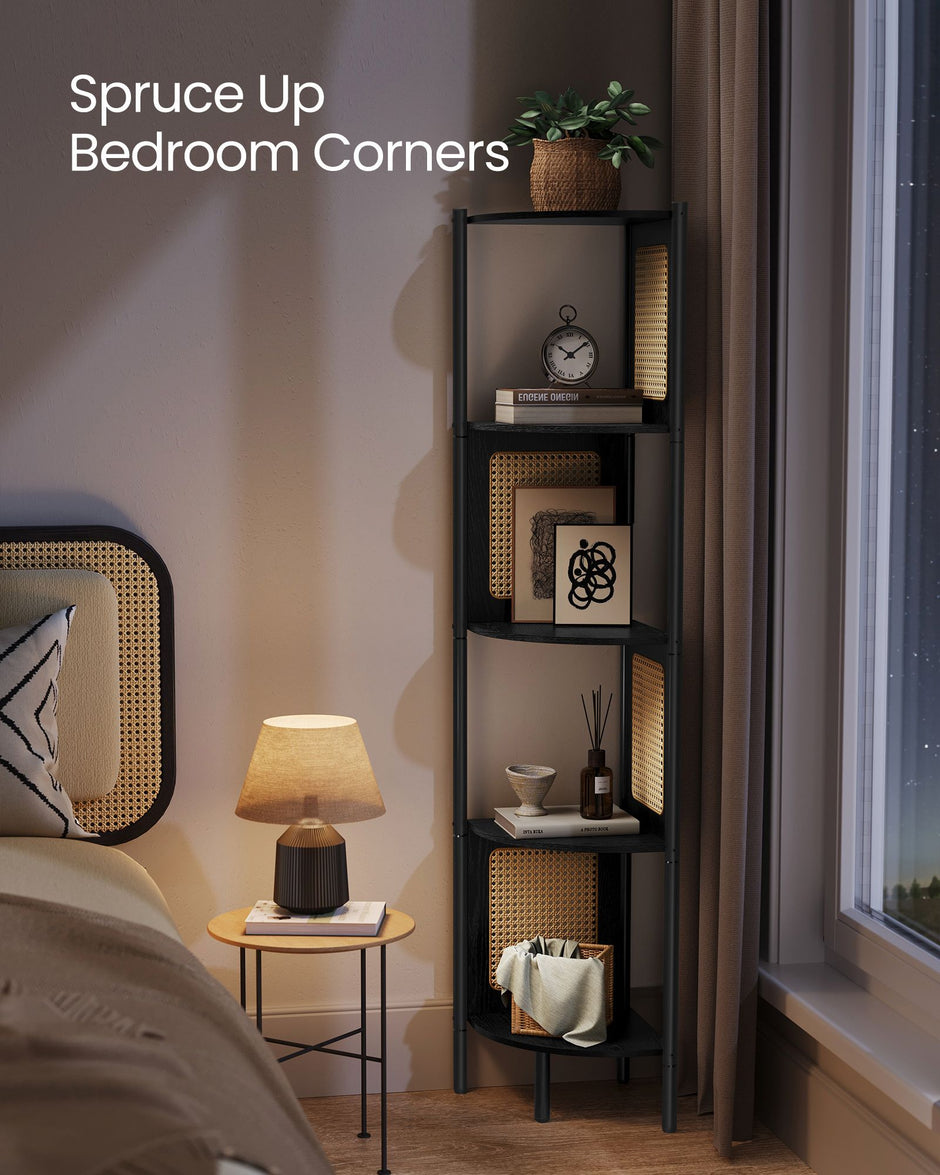 5-Tier Corner Shelf – Metal – Ebony Black – Rattan Effect Sides