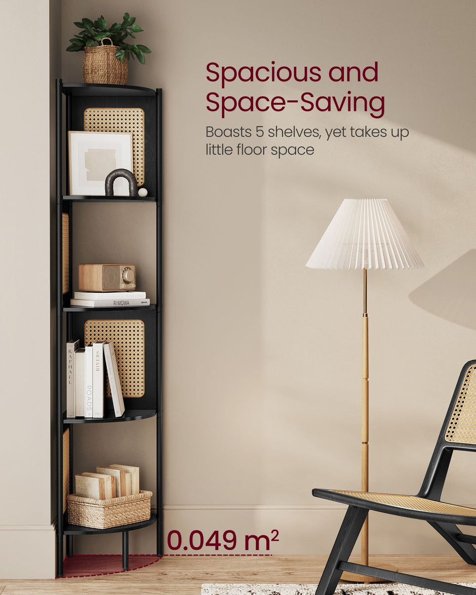 5-Tier Corner Shelf – Metal – Ebony Black – Rattan Effect Sides