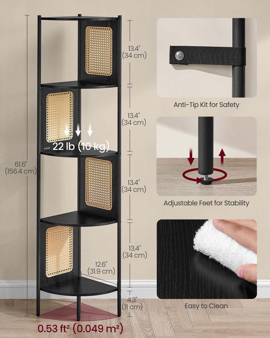 5-Tier Corner Shelf – Metal – Ebony Black – Rattan Effect Sides