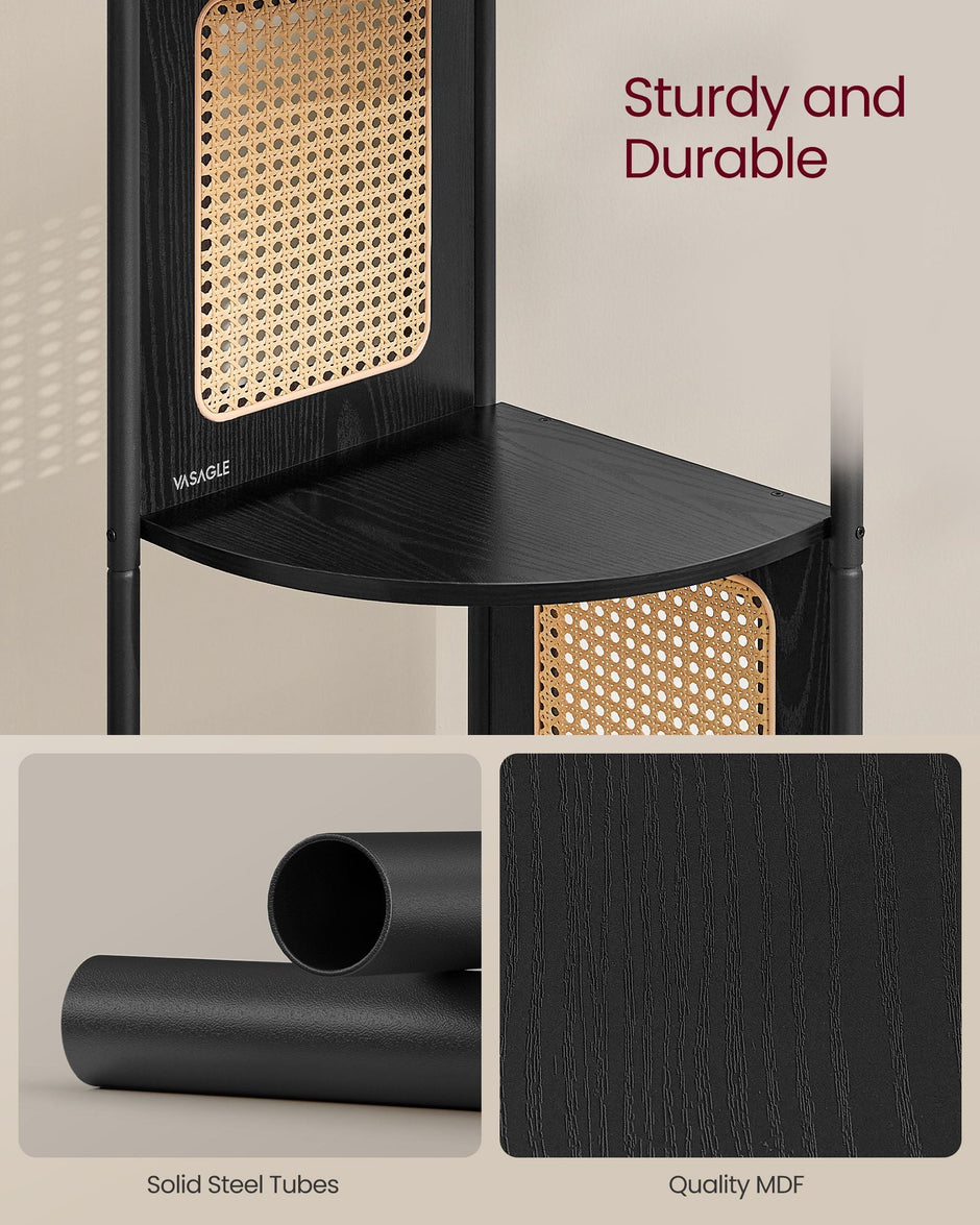5-Tier Corner Shelf – Metal – Ebony Black – Rattan Effect Sides