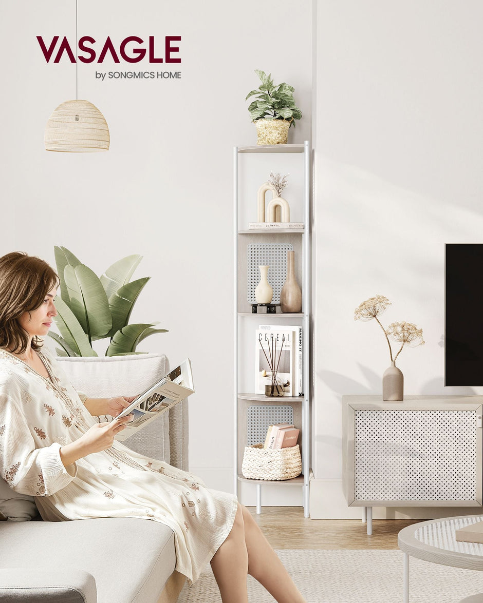 5-Tier Corner Shelf – Metal – Oatmeal Beige – Rattan Effect Sides