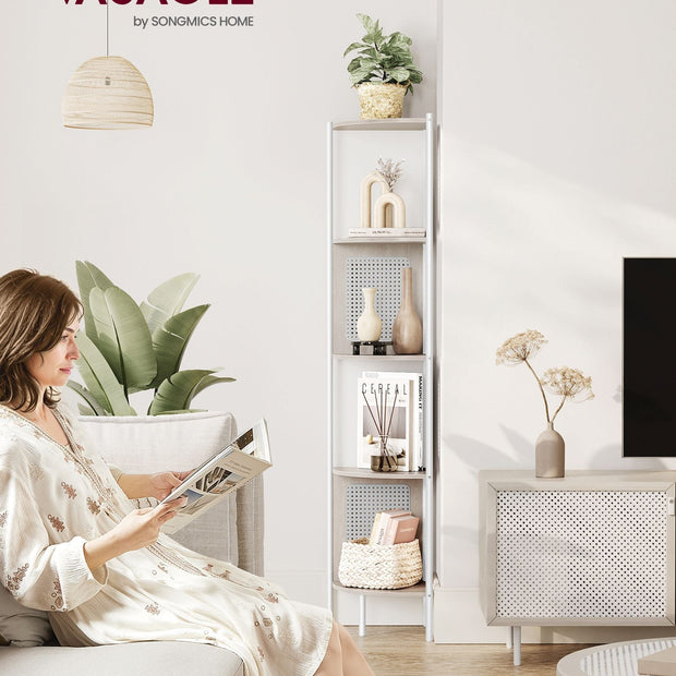 5-Tier Corner Shelf – Metal – Oatmeal Beige – Rattan Effect Sides
