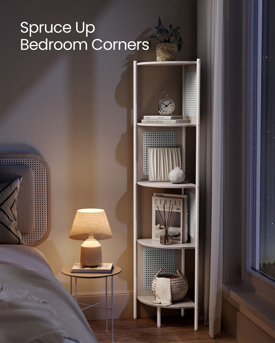5-Tier Corner Shelf – Metal – Oatmeal Beige – Rattan Effect Sides