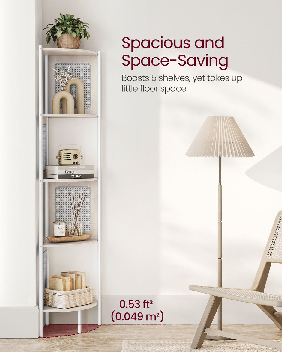5-Tier Corner Shelf – Metal – Oatmeal Beige – Rattan Effect Sides