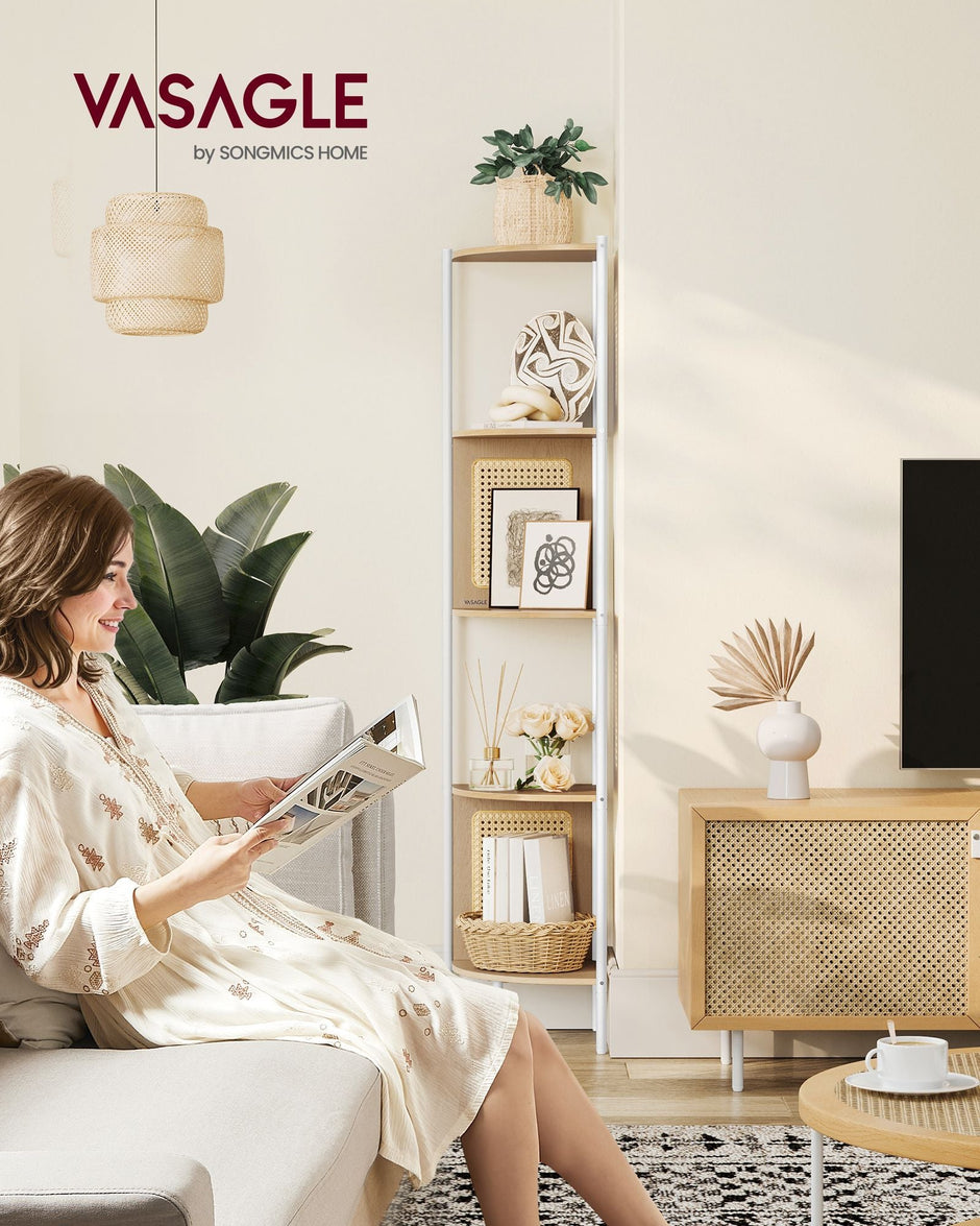 5-Tier Corner Bookshelf – Metal – Black – Rattan Effect Sides