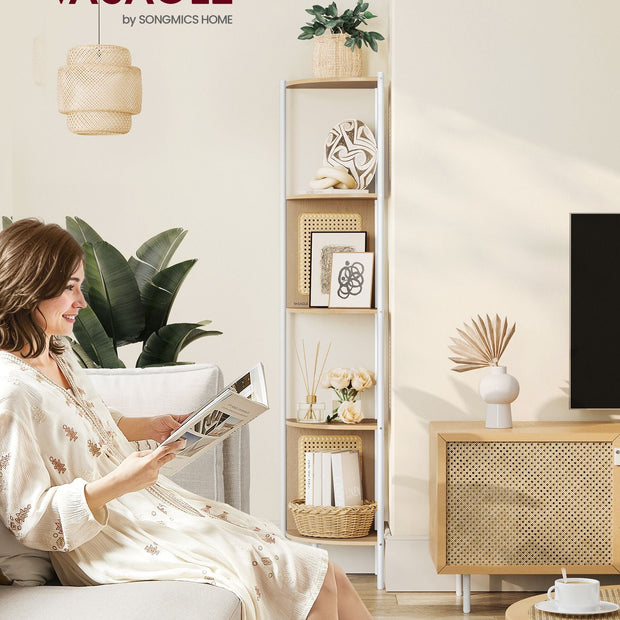5-Tier Corner Bookshelf – Metal – Black – Rattan Effect Sides