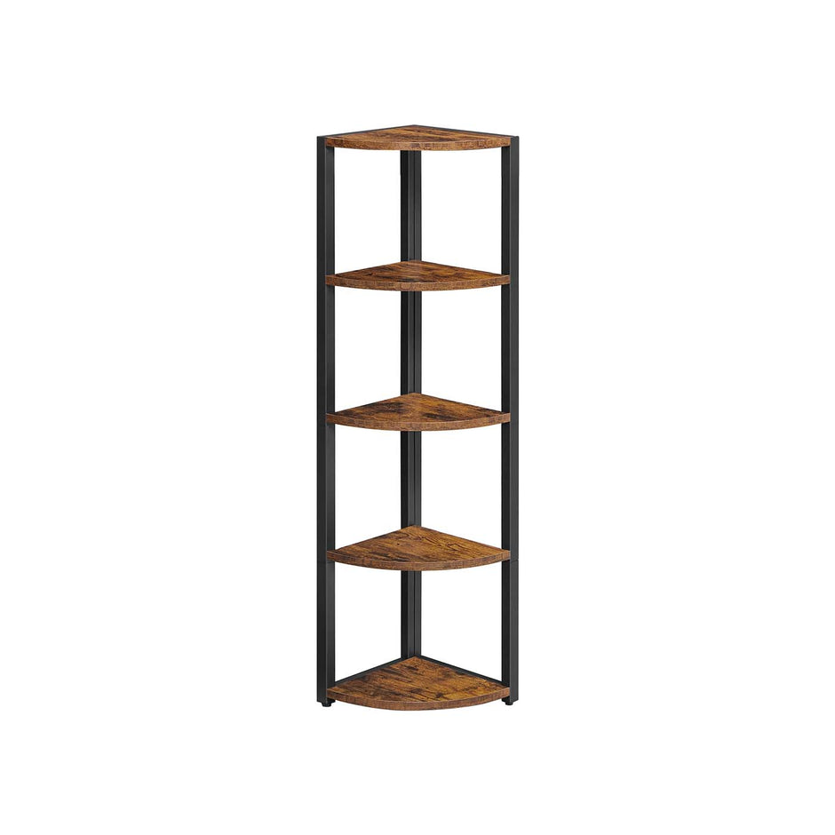 5-Tier Corner Shelf – Industrial Wood and Metal – Rustic Brown and Black – Multipurpose Design