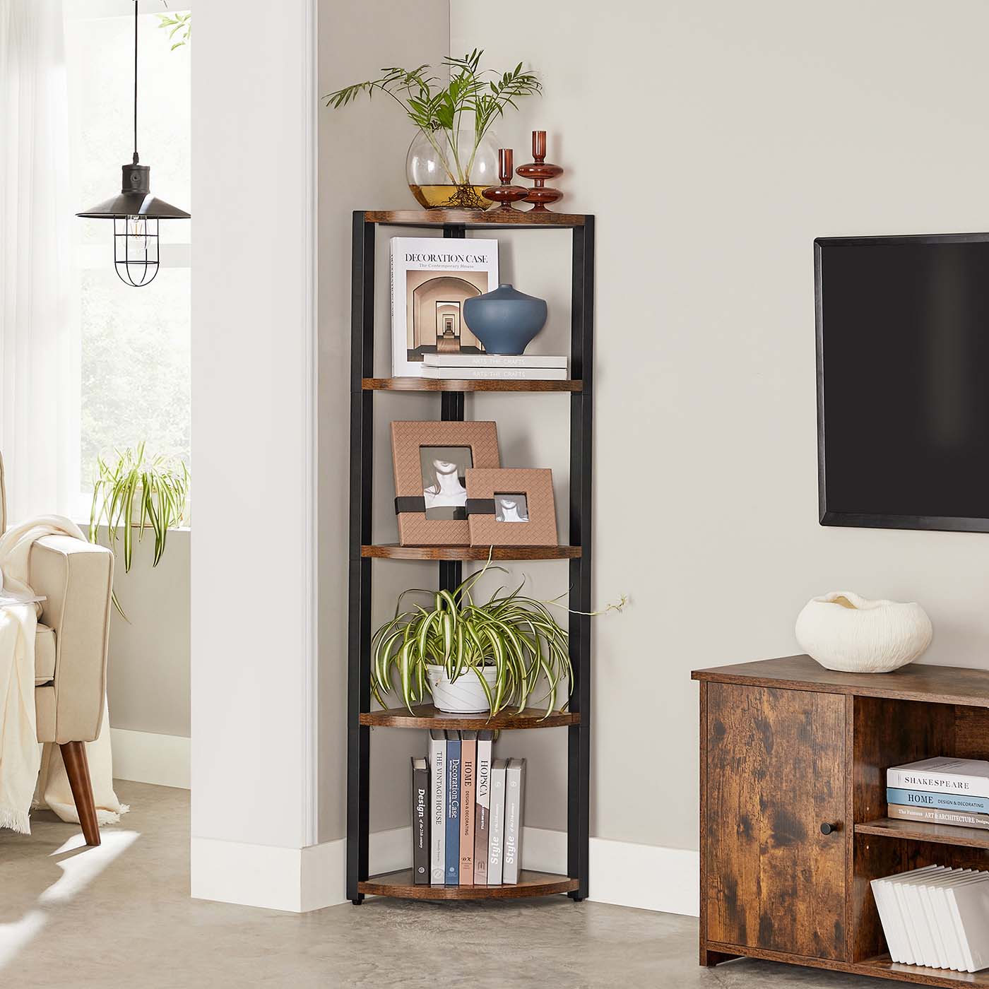 5-Tier Corner Shelf – Industrial Wood and Metal – Rustic Brown and Black – Multipurpose Design