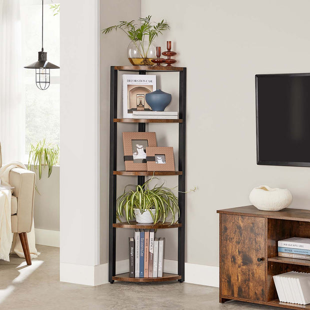 5-Tier Corner Shelf – Industrial Wood and Metal – Rustic Brown and Black – Multipurpose Design