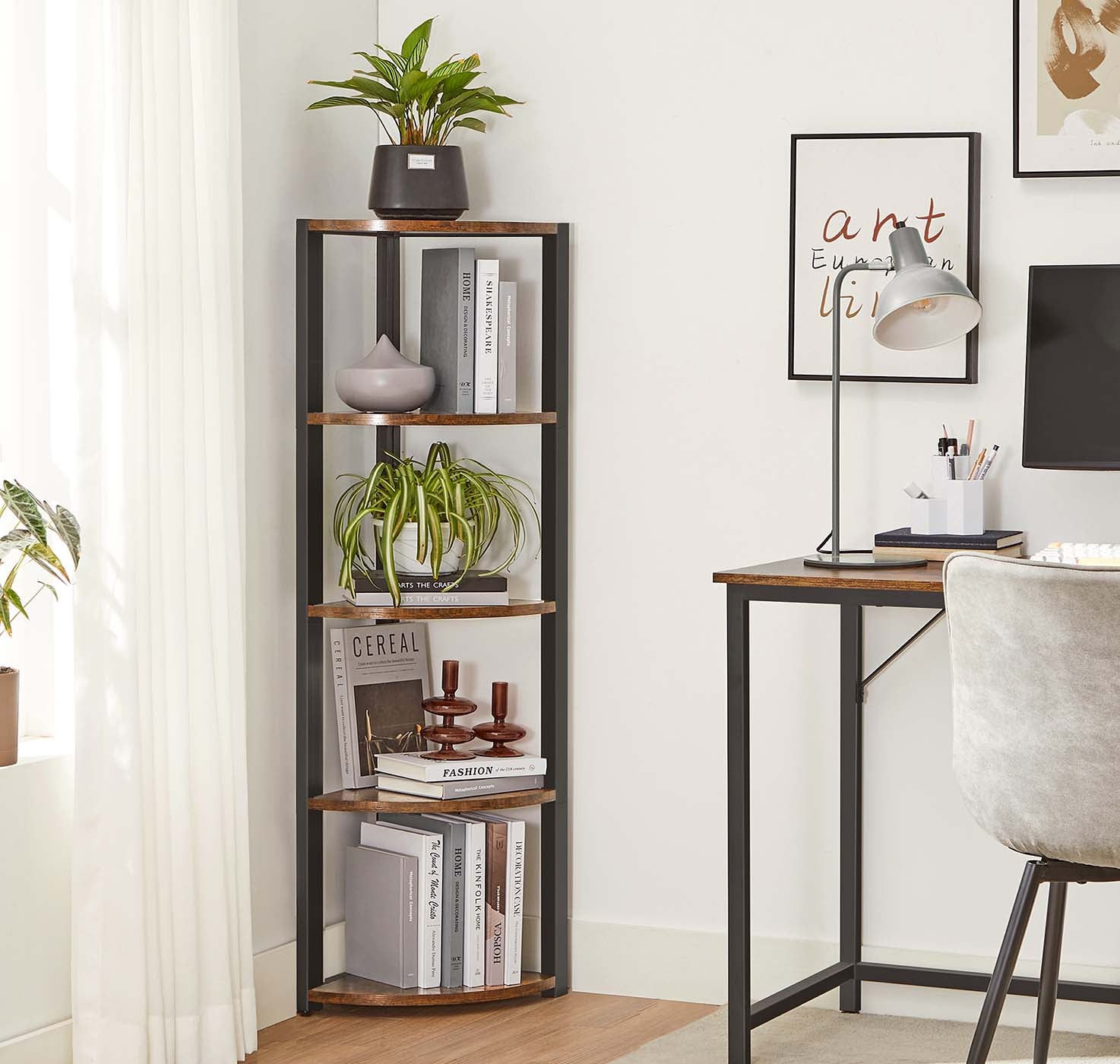 5-Tier Corner Shelf – Industrial Wood and Metal – Rustic Brown and Black – Multipurpose Design