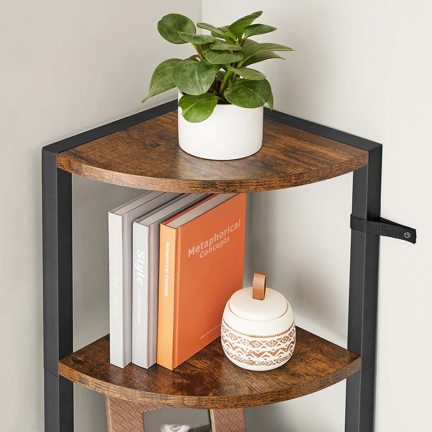 5-Tier Corner Shelf – Industrial Wood and Metal – Rustic Brown and Black – Multipurpose Design