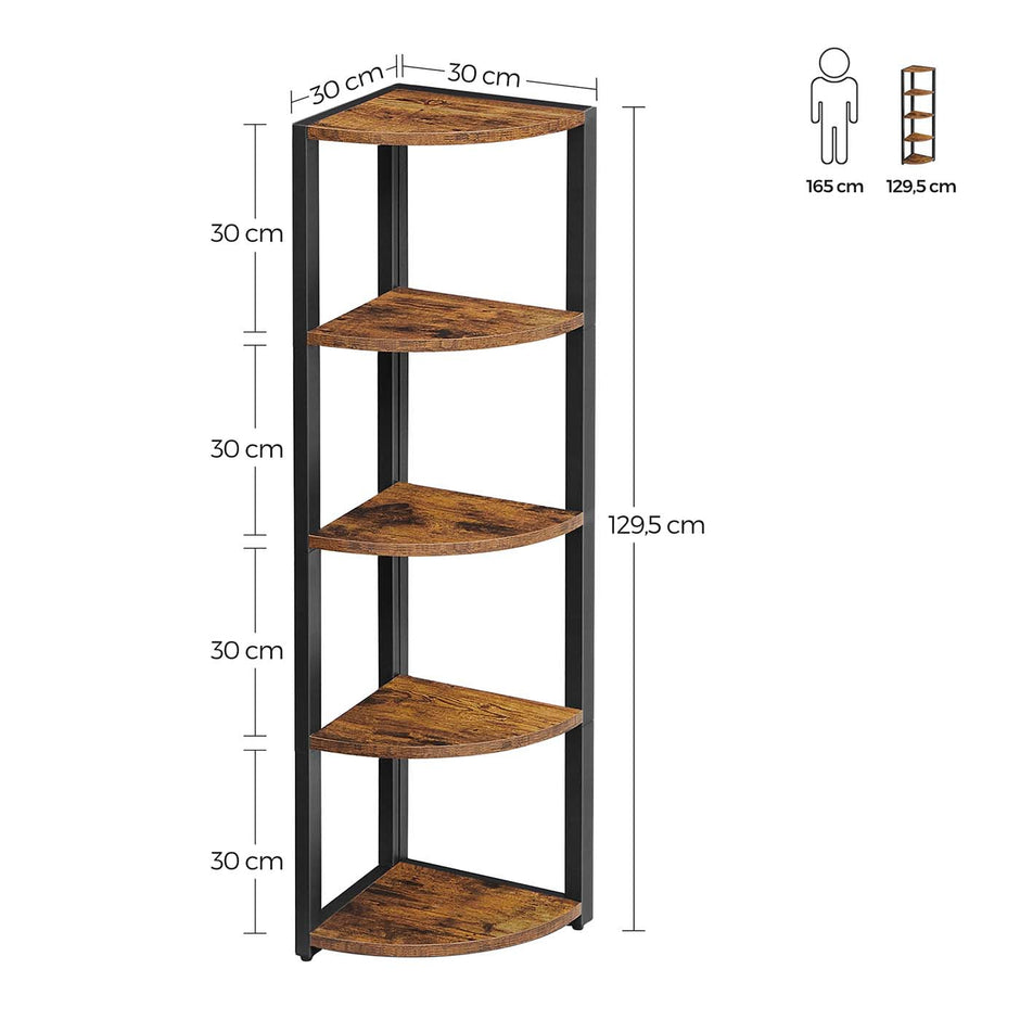 5-Tier Corner Shelf – Industrial Wood and Metal – Rustic Brown and Black – Multipurpose Design