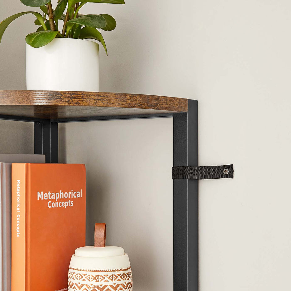 5-Tier Corner Shelf – Industrial Wood and Metal – Rustic Brown and Black – Multipurpose Design