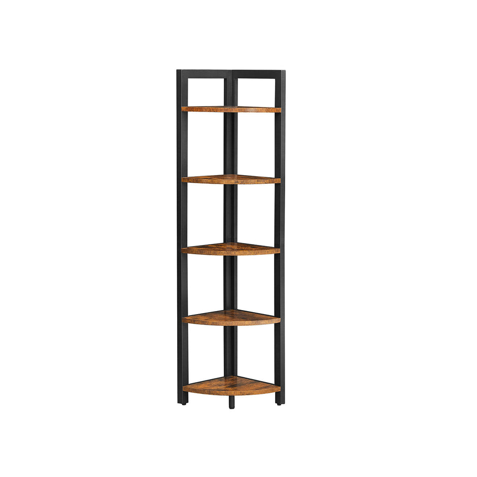 Corner Shelf – Wood and Metal – Rustic Brown and Black – 5-Tier Multipurpose Design