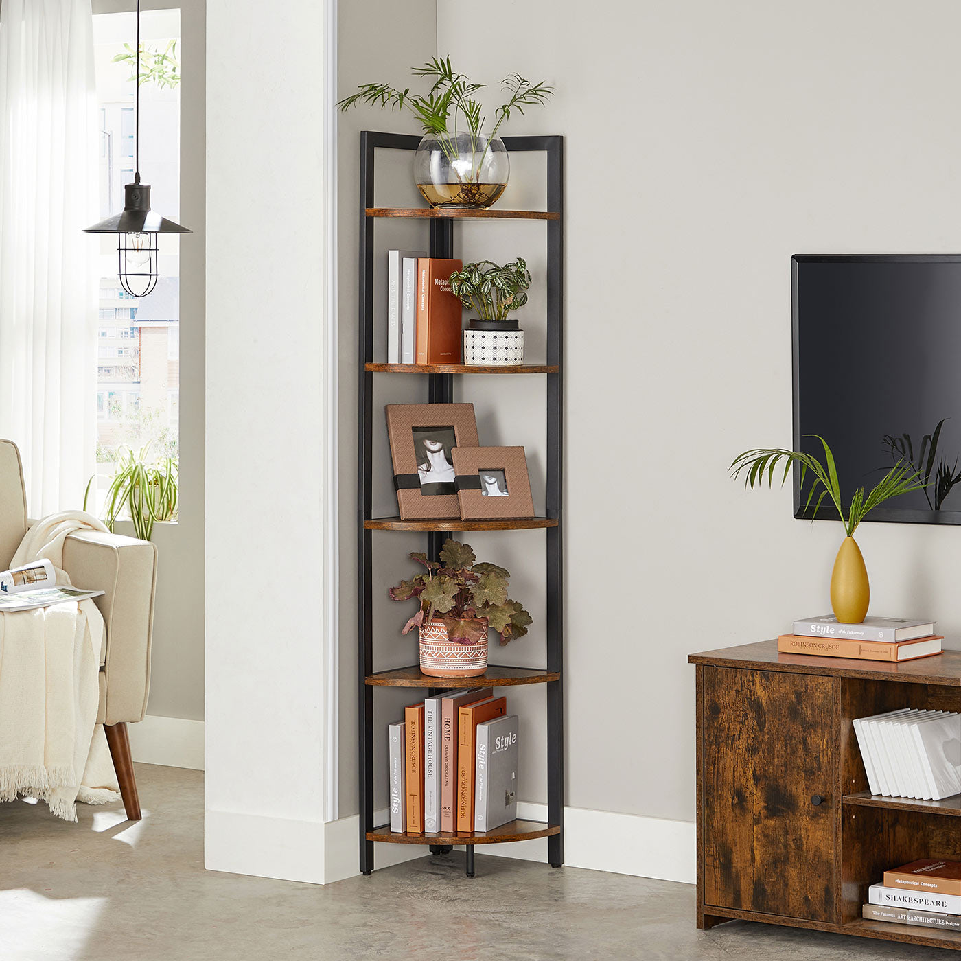 Corner Shelf – Wood and Metal – Rustic Brown and Black – 5-Tier Multipurpose Design