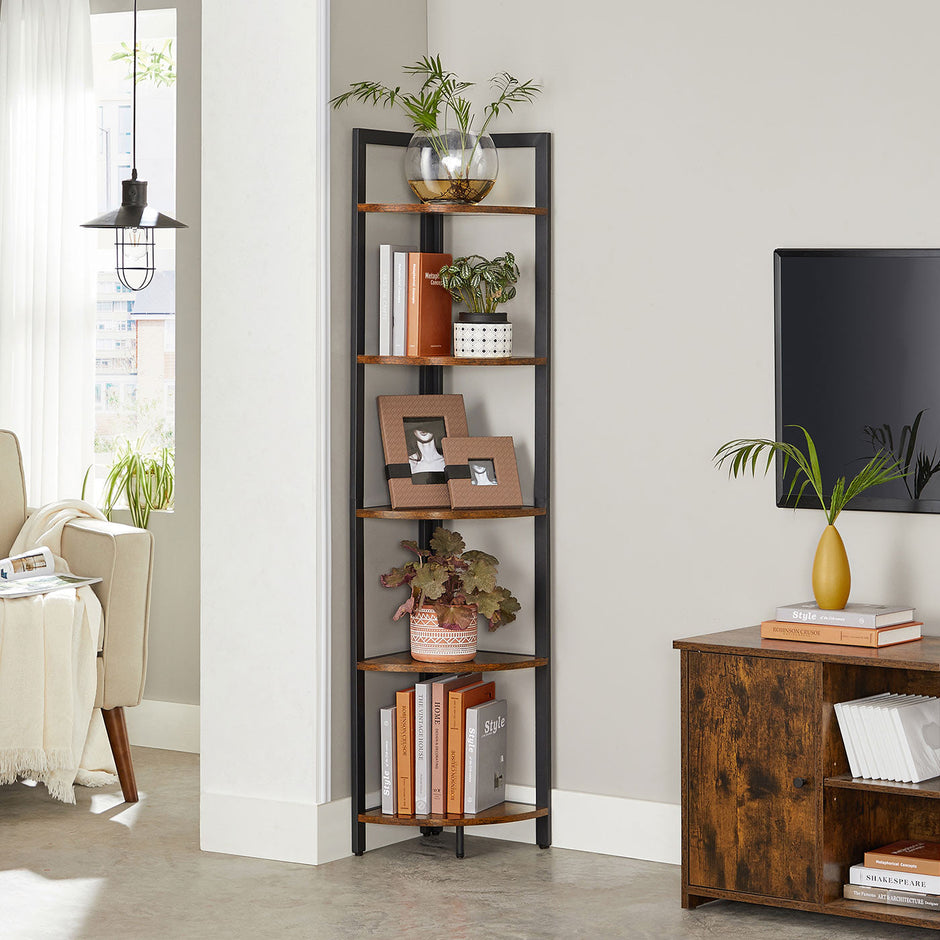 Corner Shelf – Wood and Metal – Rustic Brown and Black – 5-Tier Multipurpose Design
