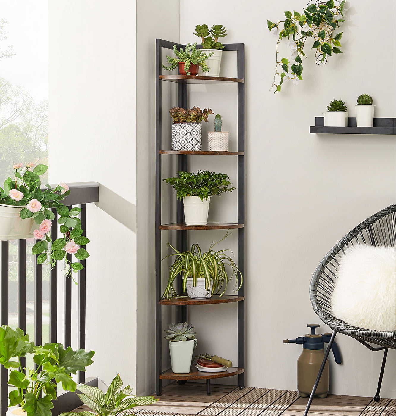 Corner Shelf – Wood and Metal – Rustic Brown and Black – 5-Tier Multipurpose Design