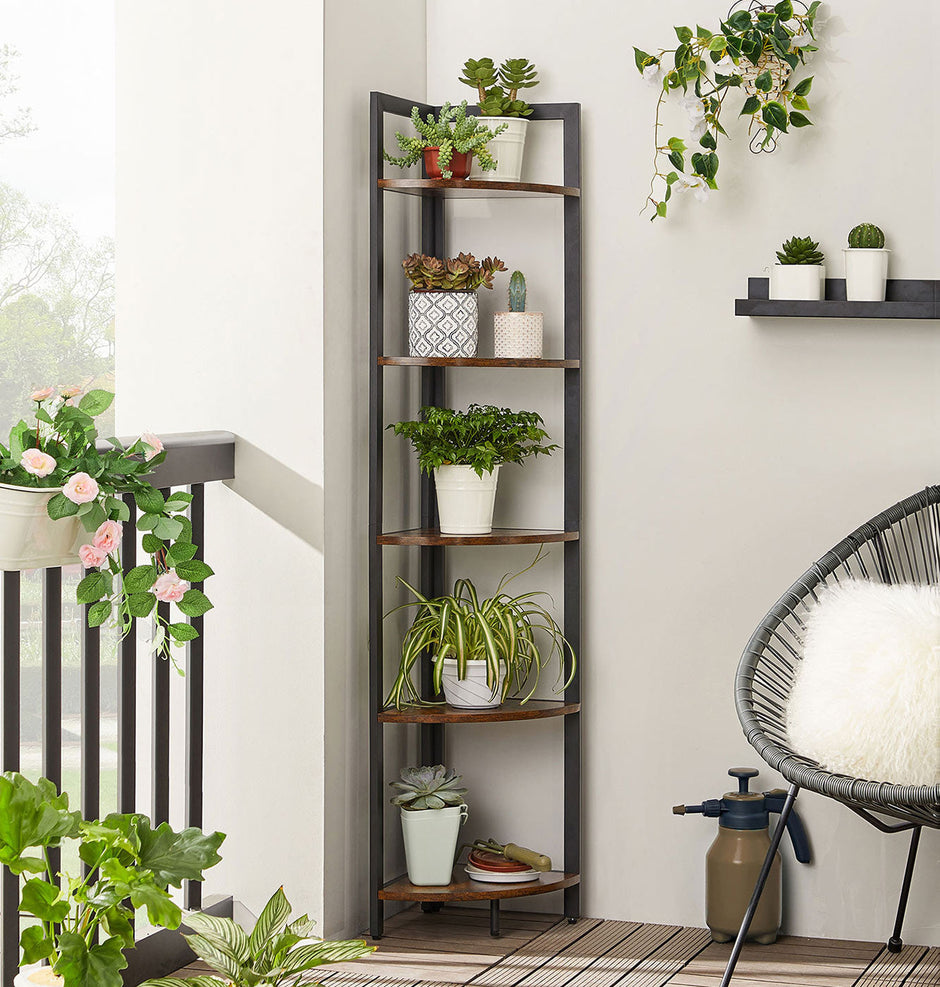 Corner Shelf – Wood and Metal – Rustic Brown and Black – 5-Tier Multipurpose Design