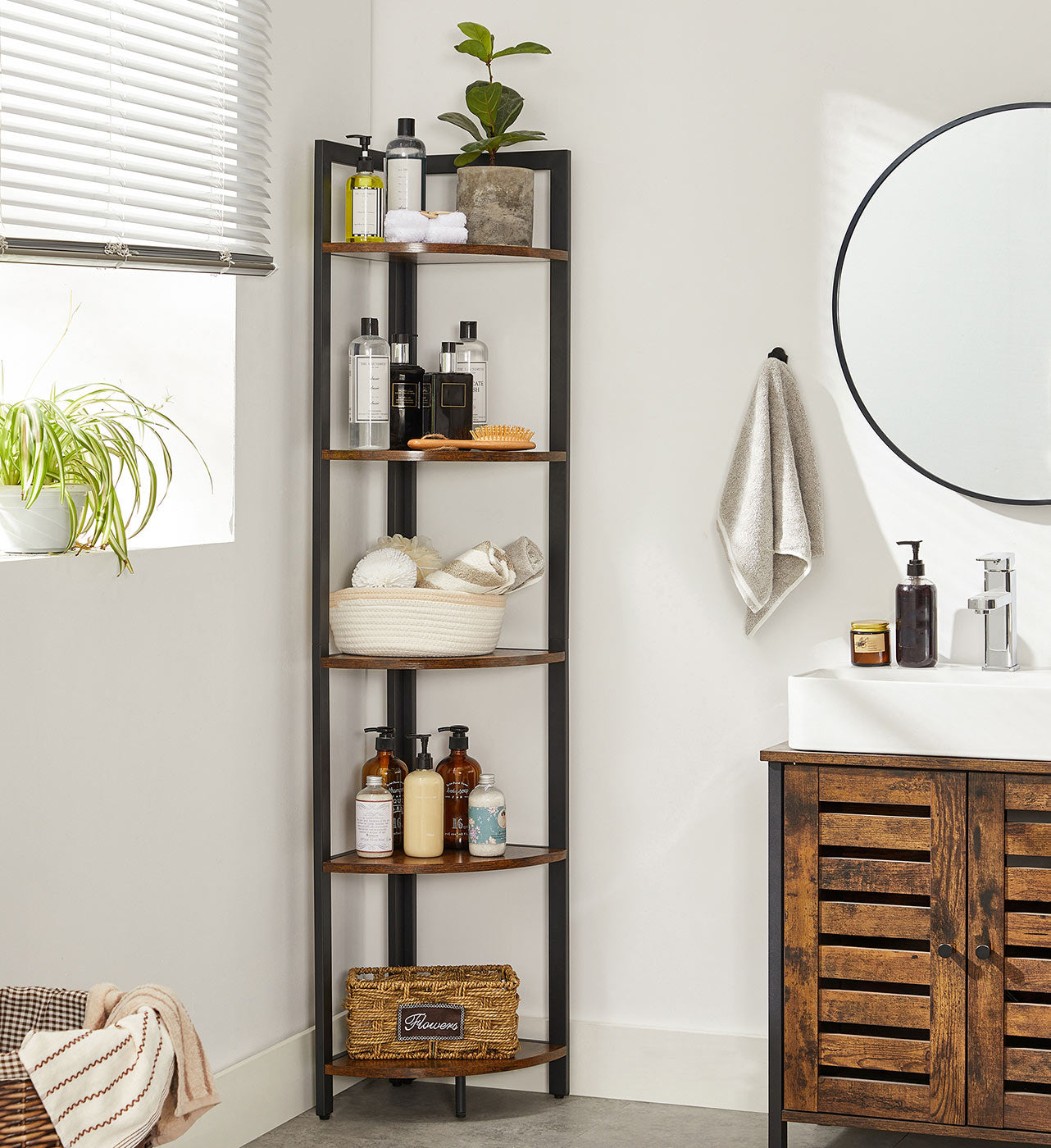 Corner Shelf – Wood and Metal – Rustic Brown and Black – 5-Tier Multipurpose Design