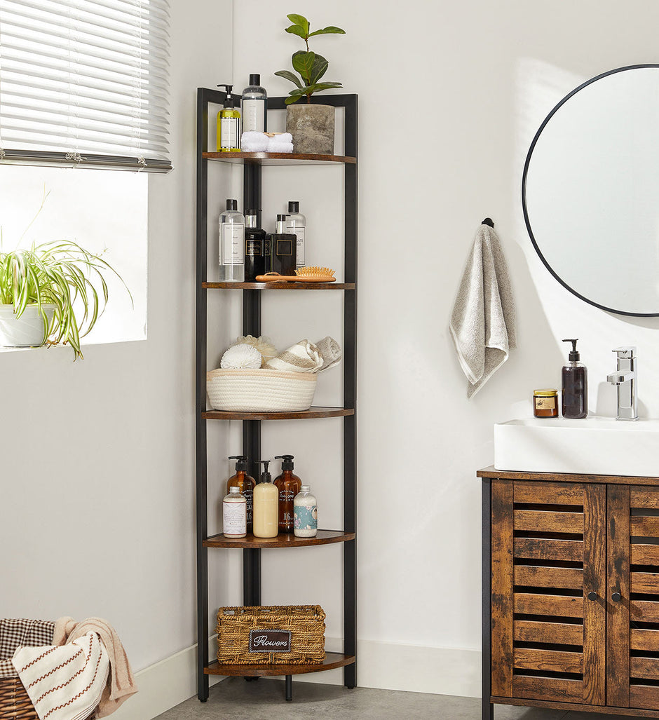 Corner Shelf – Wood and Metal – Rustic Brown and Black – 5-Tier Multipurpose Design