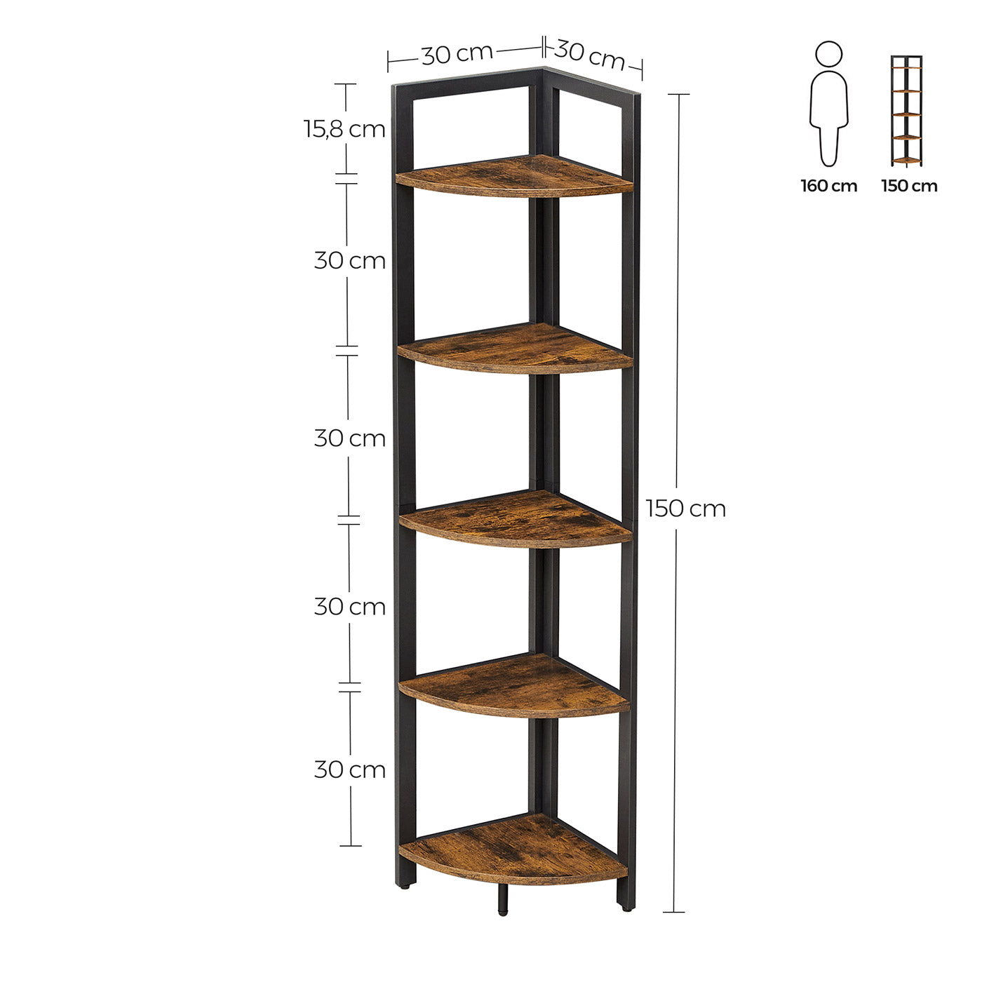 Corner Shelf – Wood and Metal – Rustic Brown and Black – 5-Tier Multipurpose Design