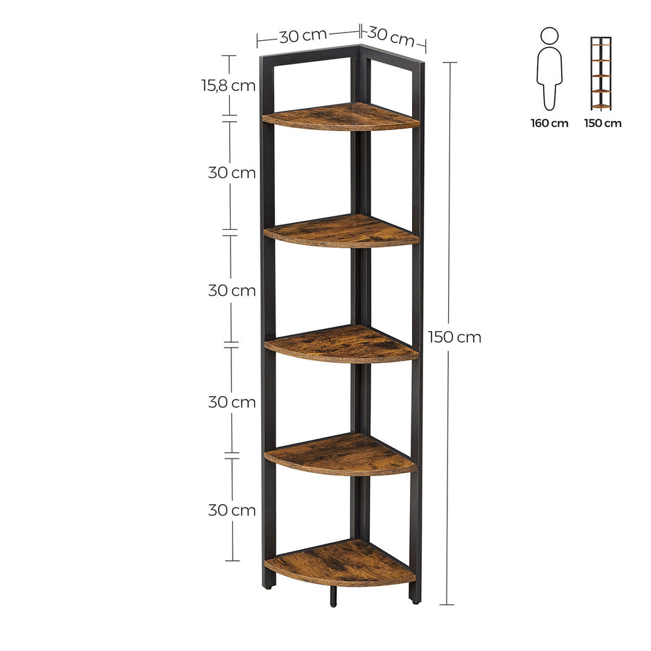Corner Shelf – Wood and Metal – Rustic Brown and Black – 5-Tier Multipurpose Design