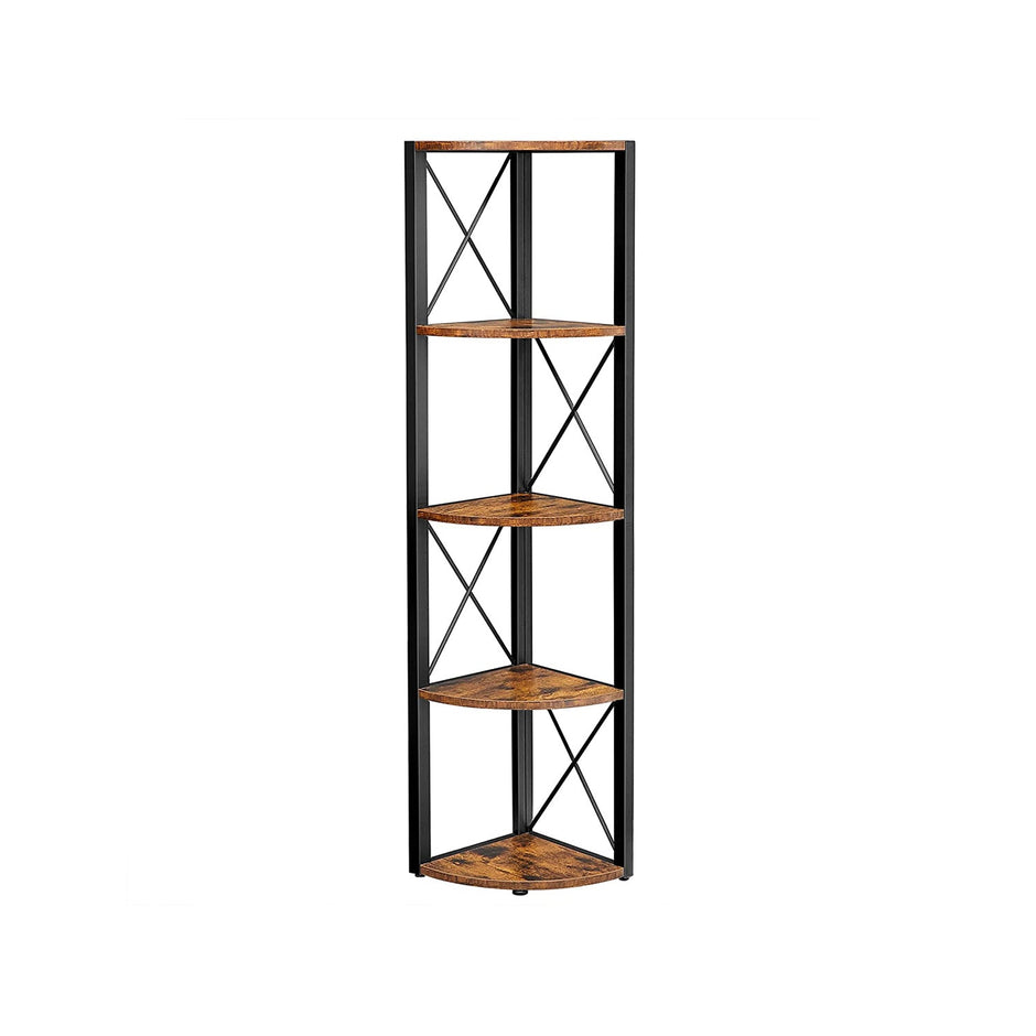 5 Tier Corner Shelf – Engineered Wood – Rustic Brown and Black – Multipurpose Storage Unit