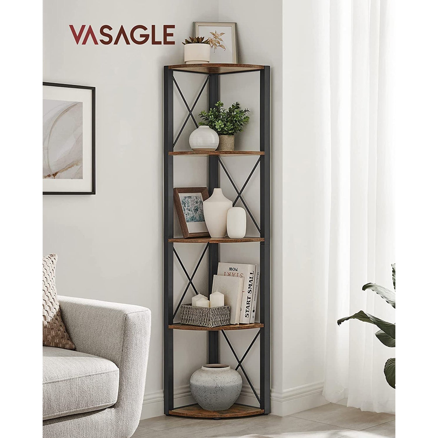 5 Tier Corner Shelf – Engineered Wood – Rustic Brown and Black – Multipurpose Storage Unit