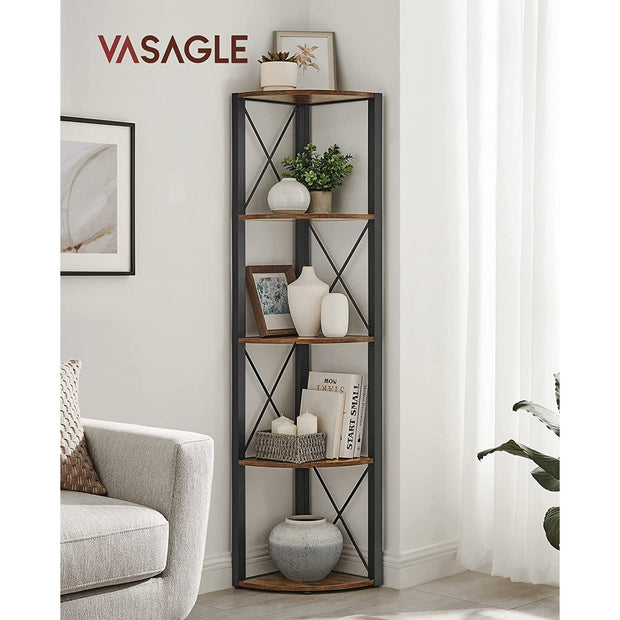 5 Tier Corner Shelf – Engineered Wood – Rustic Brown and Black – Multipurpose Storage Unit