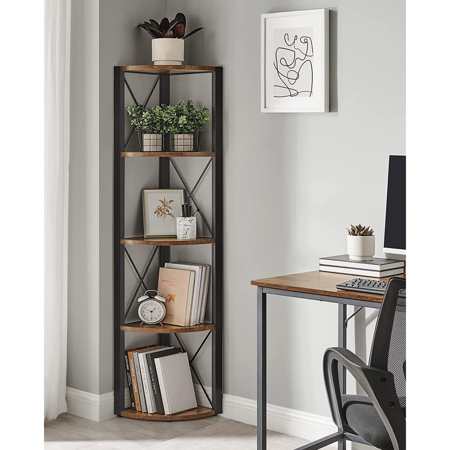 5 Tier Corner Shelf – Engineered Wood – Rustic Brown and Black – Multipurpose Storage Unit