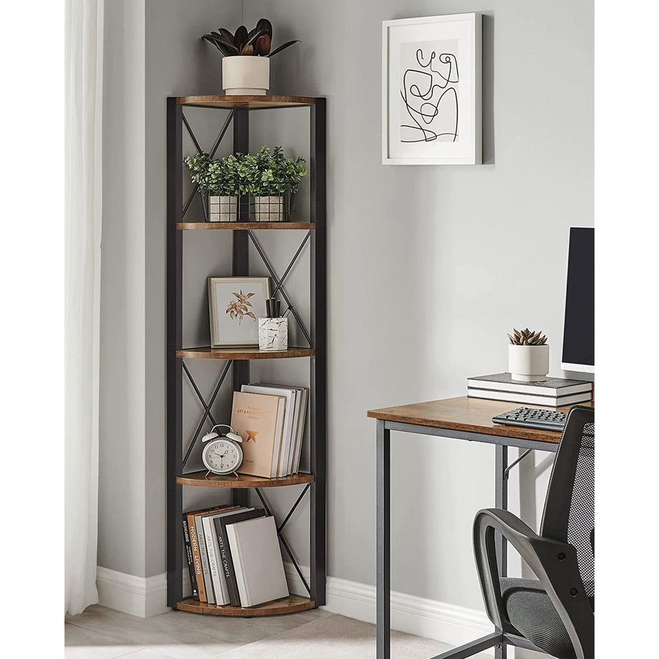 5 Tier Corner Shelf – Engineered Wood – Rustic Brown and Black – Multipurpose Storage Unit