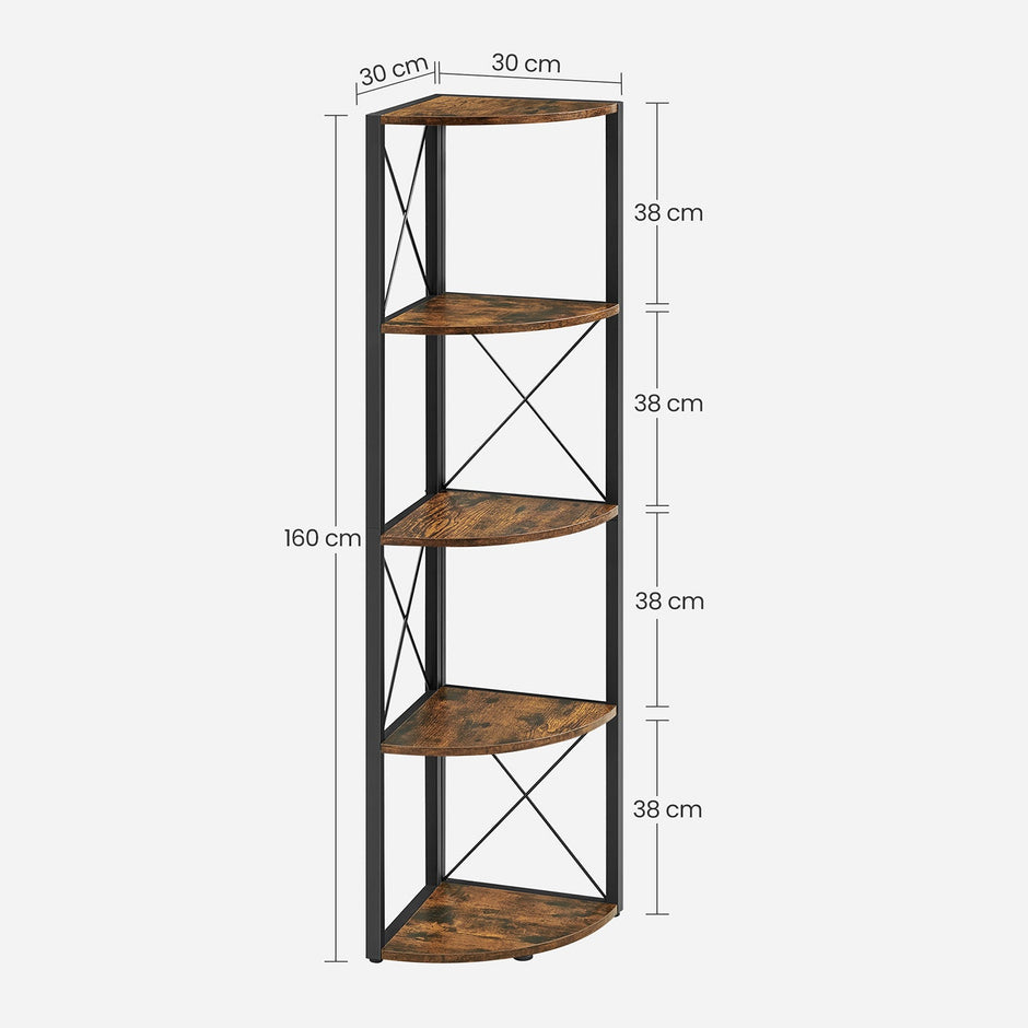 5 Tier Corner Shelf – Engineered Wood – Rustic Brown and Black – Multipurpose Storage Unit