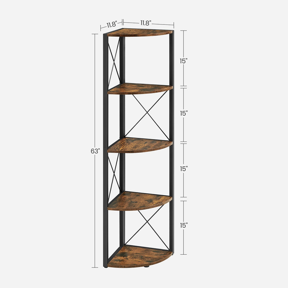 5 Tier Corner Shelf – Engineered Wood – Rustic Brown and Black – Multipurpose Storage Unit