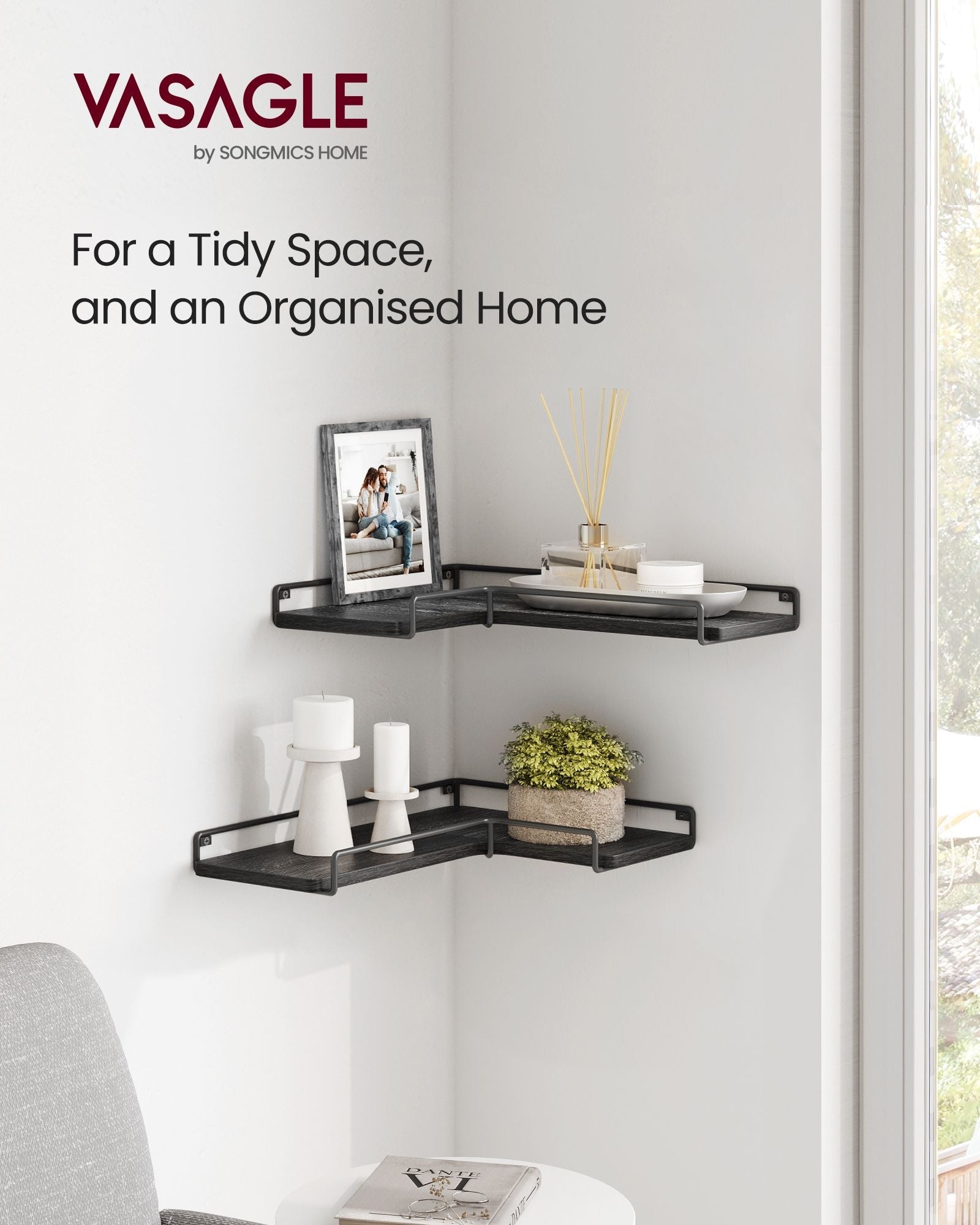 Set of 2 L-Shaped Floating Shelves – Engineered Wood – Black – Industrial Style Corner Design