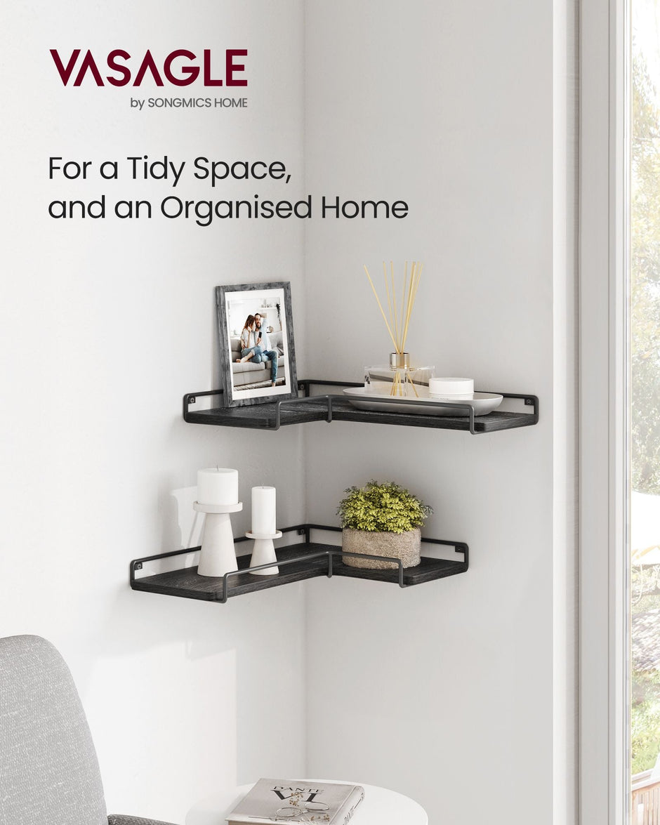 Set of 2 L-Shaped Floating Shelves – Engineered Wood – Black – Industrial Style Corner Design