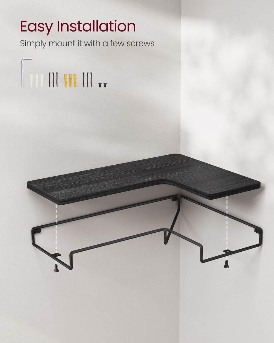 Set of 2 L-Shaped Floating Shelves – Engineered Wood – Black – Industrial Style Corner Design
