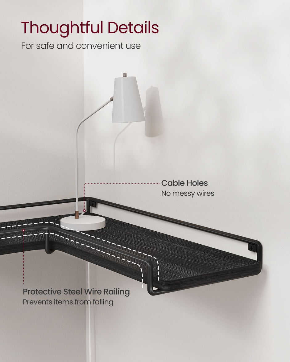 Set of 2 L-Shaped Floating Shelves – Engineered Wood – Black – Industrial Style Corner Design