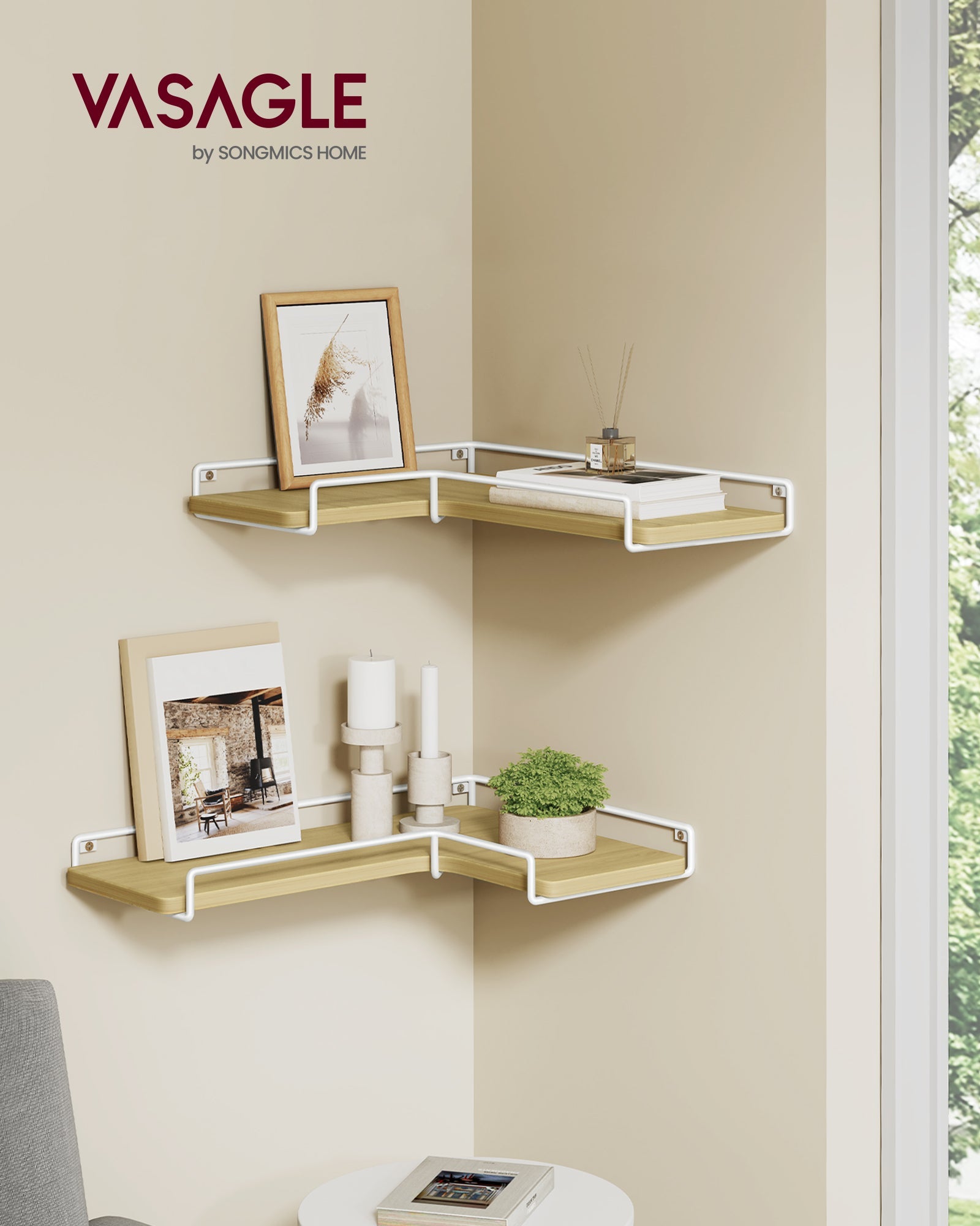 Set of 2 L-Shaped Corner Floating Shelves – Natural Oak and Cloud White – Industrial Style