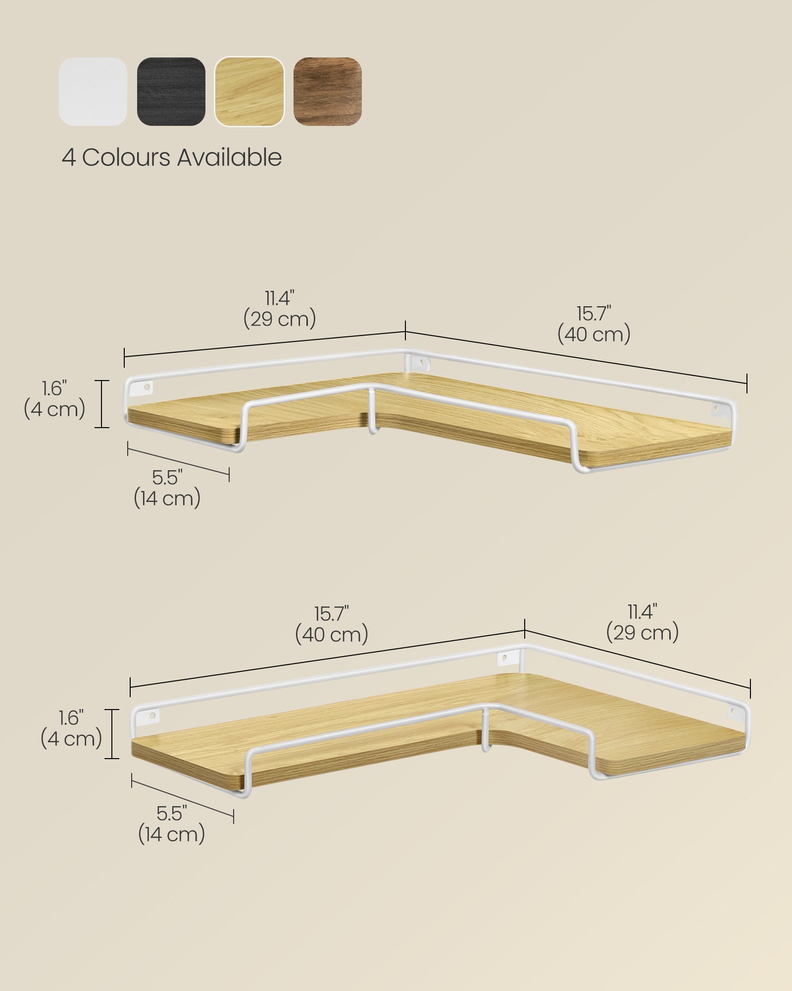 Set of 2 L-Shaped Corner Floating Shelves – Natural Oak and Cloud White – Industrial Style