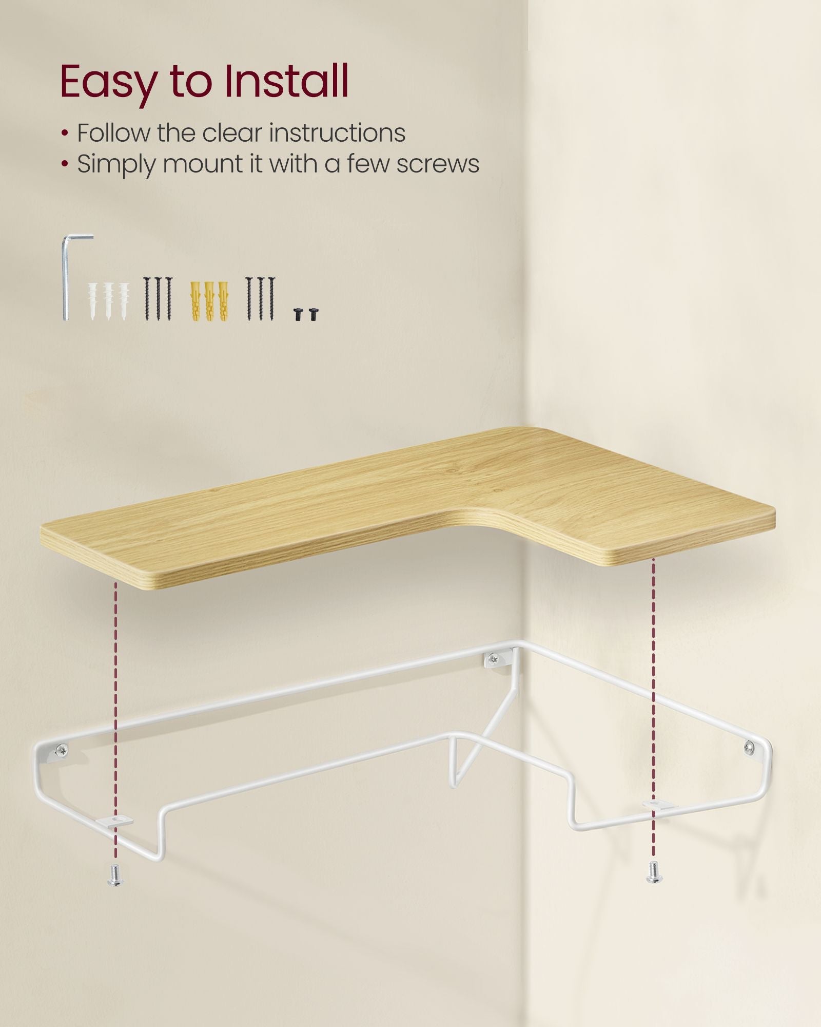 Set of 2 L-Shaped Corner Floating Shelves – Natural Oak and Cloud White – Industrial Style