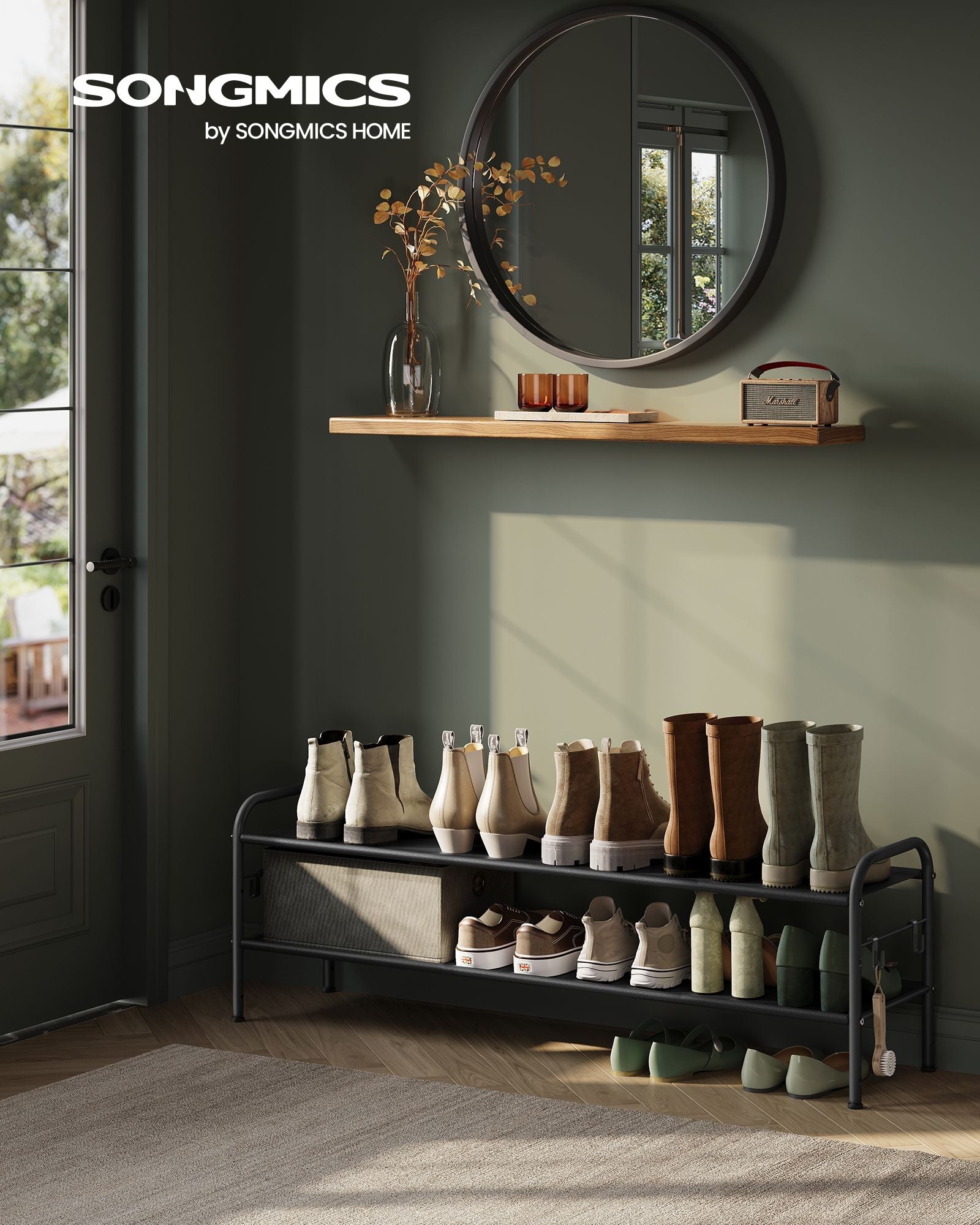 2-Tier Shoe Rack – Fabric – Ink Black – Height-Adjustable with 4 Hooks