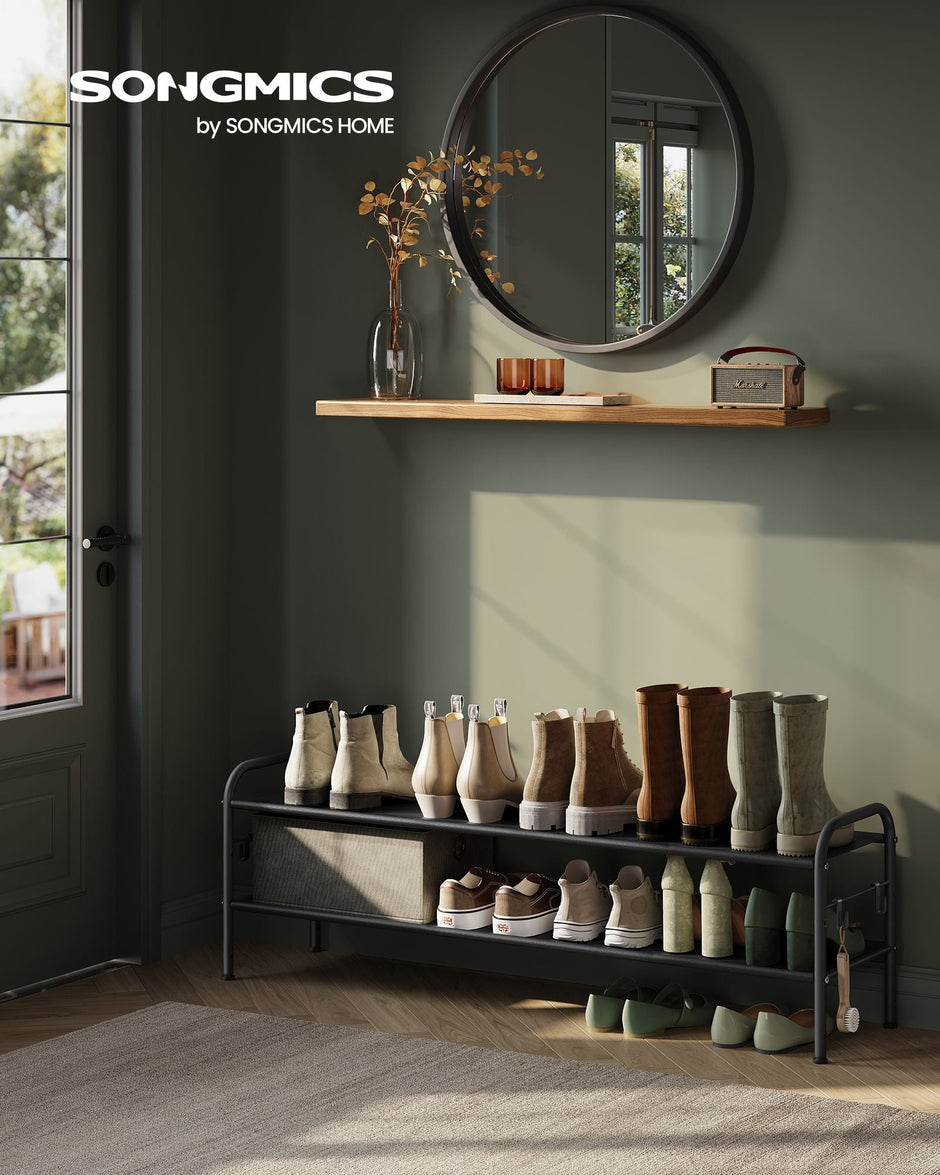 2-Tier Shoe Rack – Fabric – Ink Black – Height-Adjustable with 4 Hooks