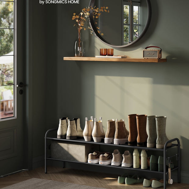 2-Tier Shoe Rack – Fabric – Ink Black – Height-Adjustable with 4 Hooks