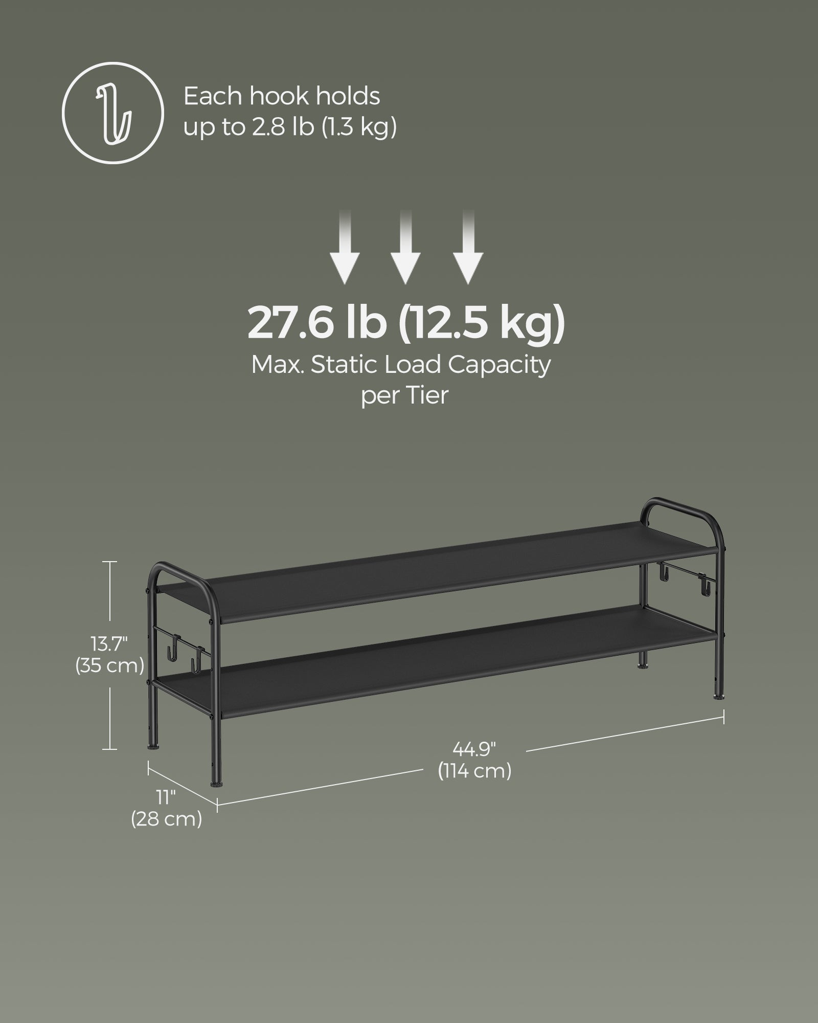 2-Tier Shoe Rack – Fabric – Ink Black – Height-Adjustable with 4 Hooks