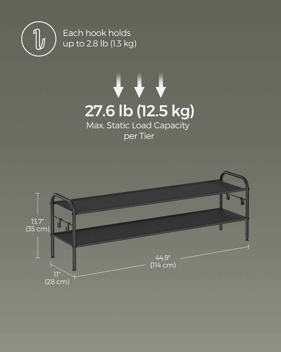 2-Tier Shoe Rack – Fabric – Ink Black – Height-Adjustable with 4 Hooks