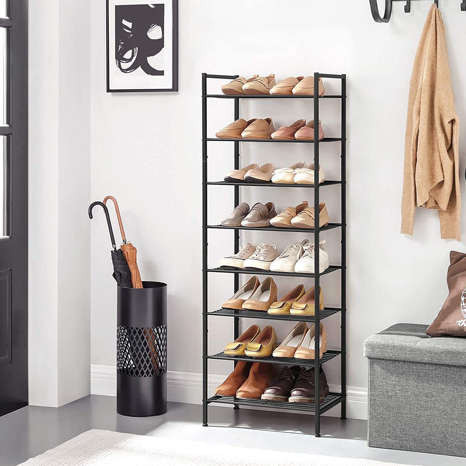8-Tier Slim Shoe Rack – Metal – Black – Space-Saving Design for 16-24 Pairs of Shoes
