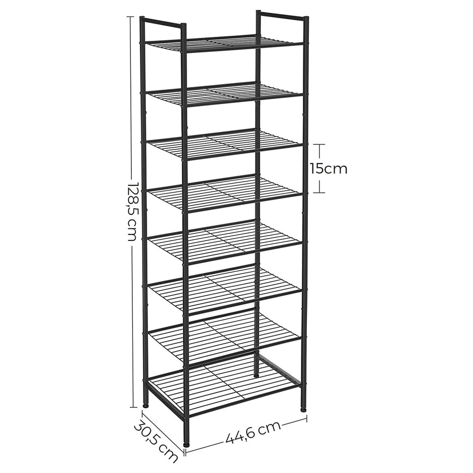 8-Tier Slim Shoe Rack – Metal – Black – Space-Saving Design for 16-24 Pairs of Shoes