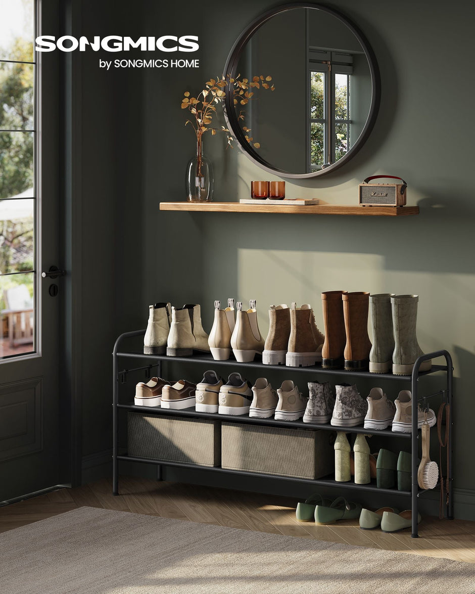 3-Tier Fabric Shoe Rack – Ink Black – Height-Adjustable – Holds Up to 12 Pairs with 4 Hooks